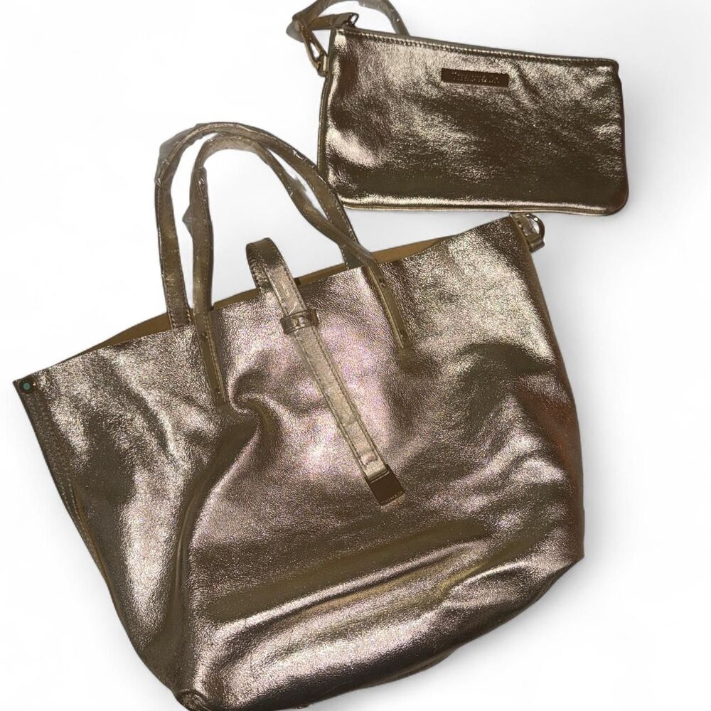 Brand New Tiffany & Co. Reversible Tote Bag Metallic Gold Leather / Suede w/ pou - Picture 3 of 8